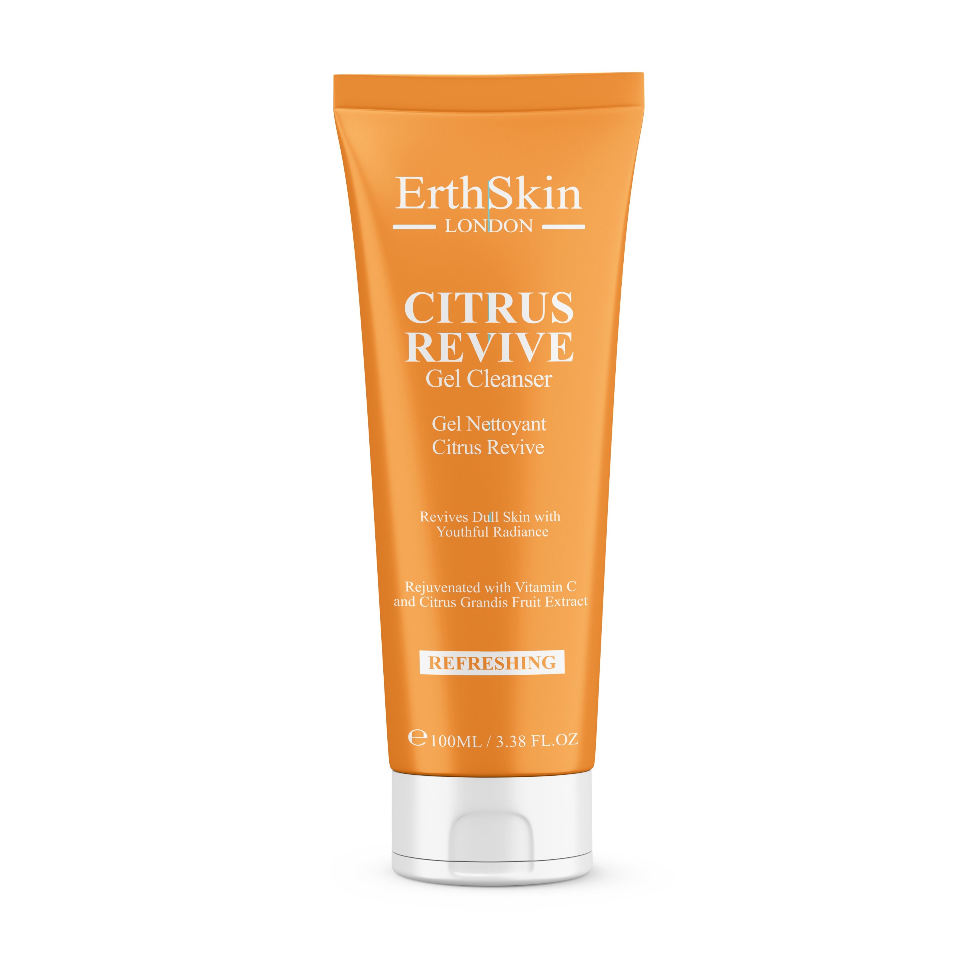 Orange Tube mit "ErthSkin London" und "Citrus Revive Gel Cleanser" Aufschrift. Enthält 100ml.