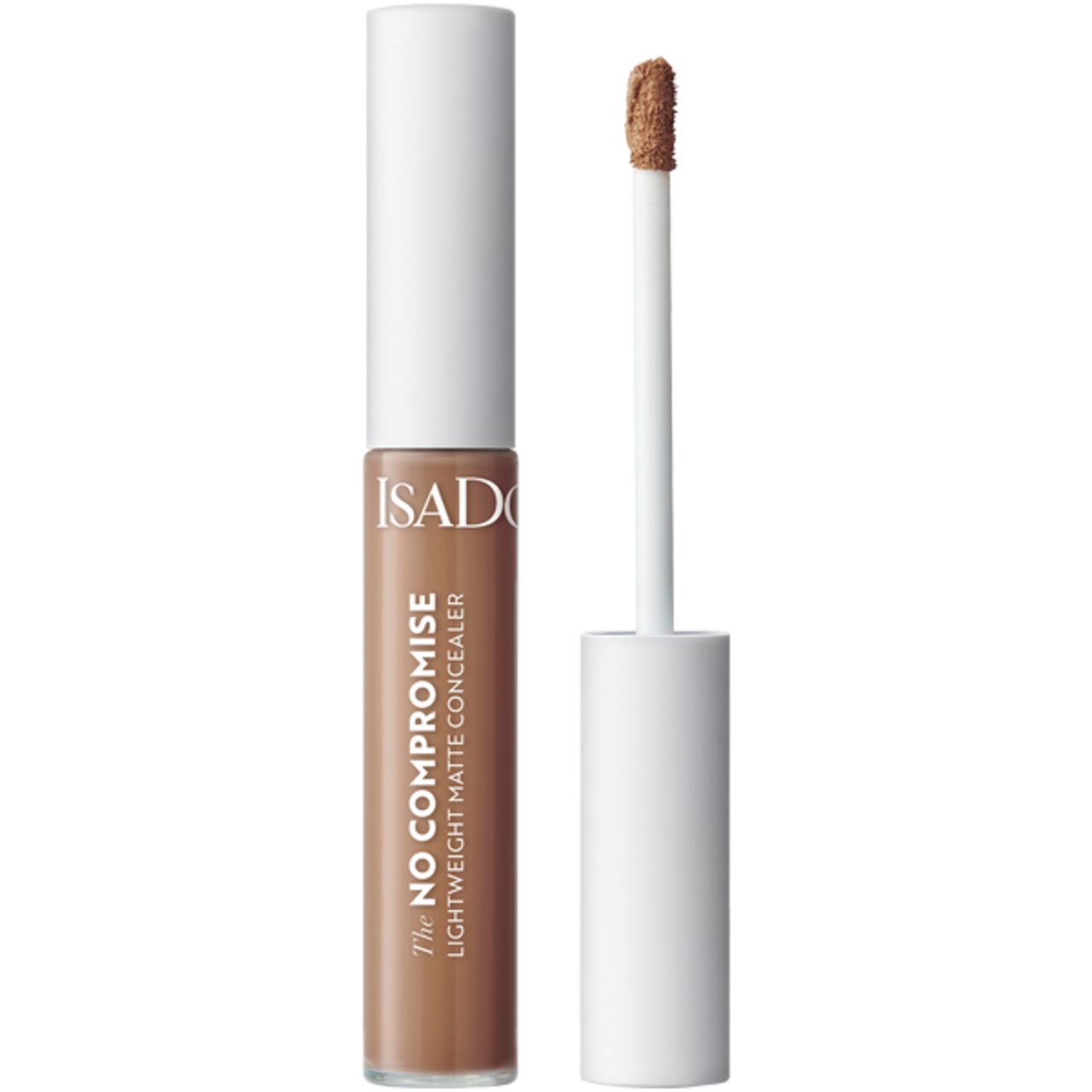 Concealer-Tube mit weißem Deckel und Applikator. Aufschrift: IsaDora, The No Compromise, Lightweight Matte Concealer.