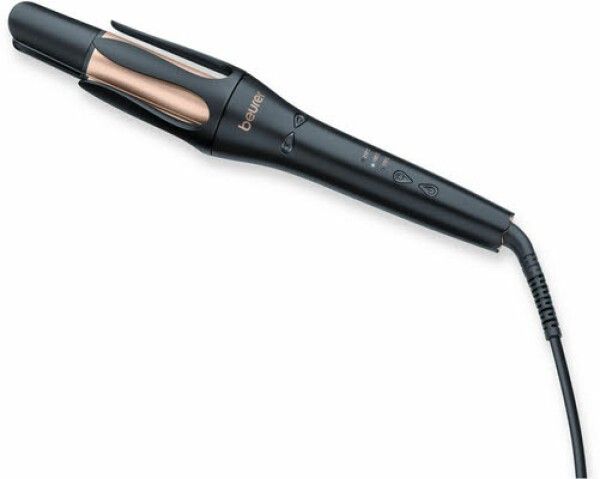 Automatischer Lockenstab, schwarz mit kupferfarbenen Elementen. Mit Bedienfeld und Kabel. Marke: Beurer.