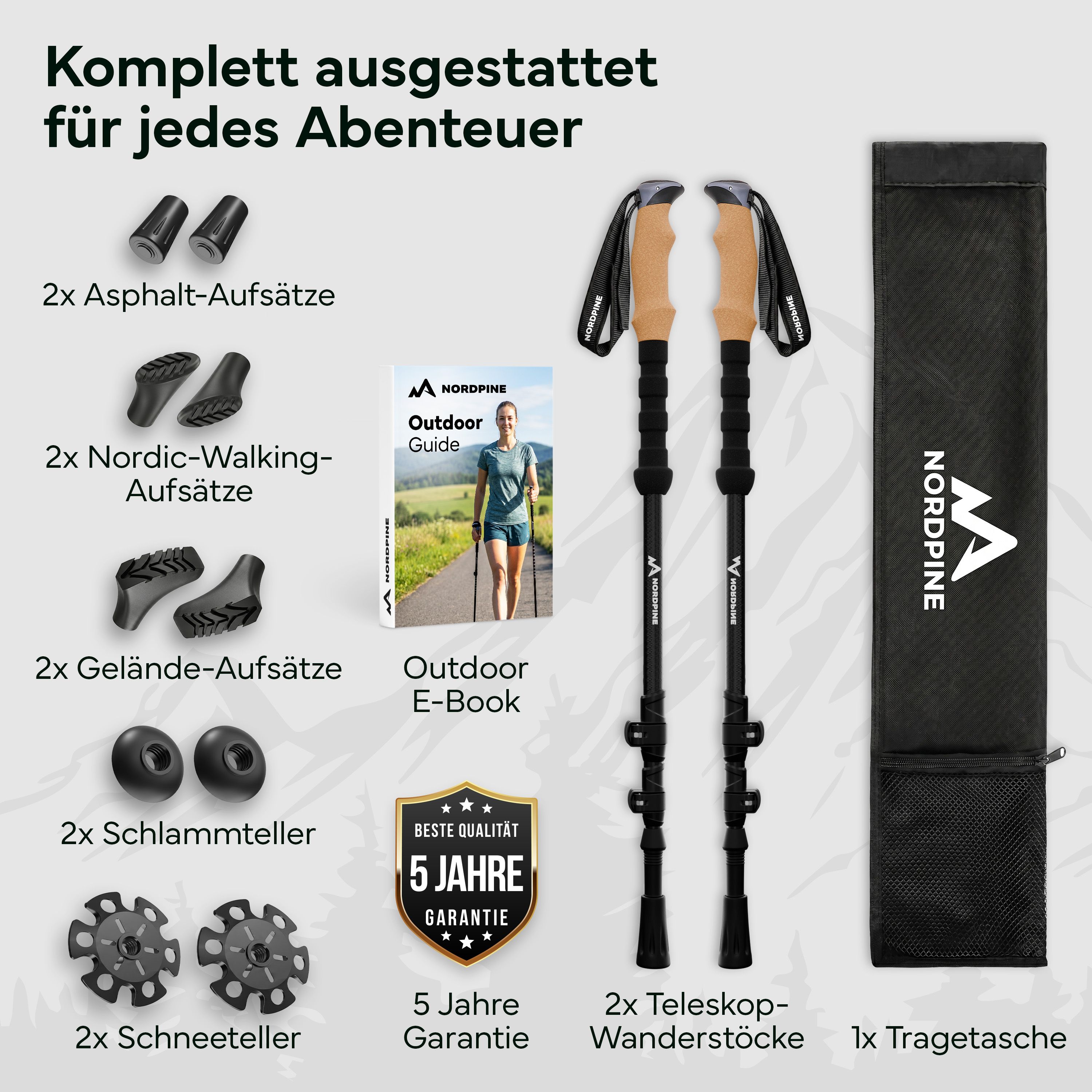 Zwei Teleskop-Wanderstöcke mit Zubehör: Aufsätze, Schlammteller, Schneeteller, E-Book und Tragetasche.