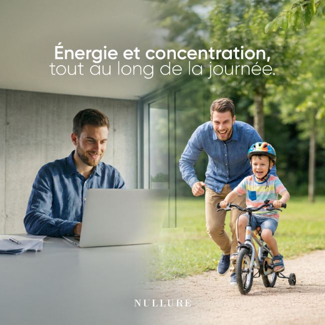 Mann arbeitet am Laptop, Vater und Sohn fahren Rad. "Energie und Konzentration den ganzen Tag."