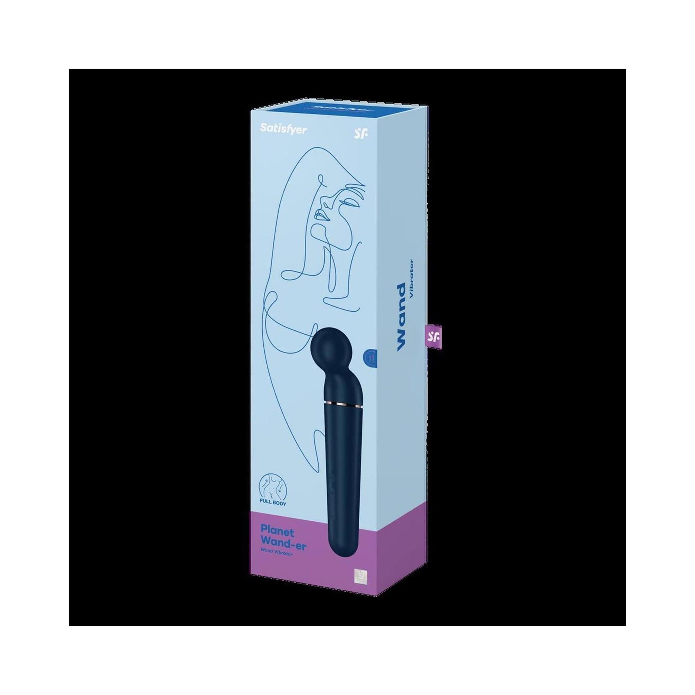 Produktverpackung mit blauem Vibrator-Design. Text: Satisfyer, Wand, Planet Wand-er. Auf schwarzem Hintergrund.