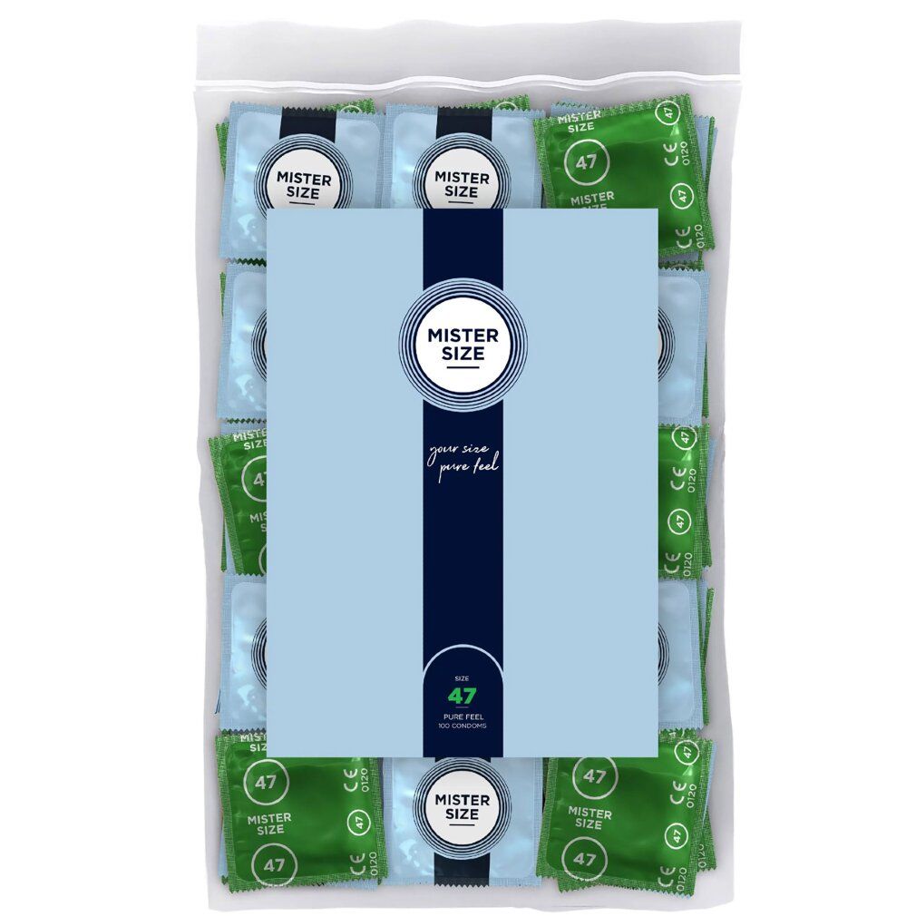 Verpackung mit Kondomen. Einzelne Kondome in Grün und Blau. Aufdruck: Mister Size 47. Klarsichtverpackung.