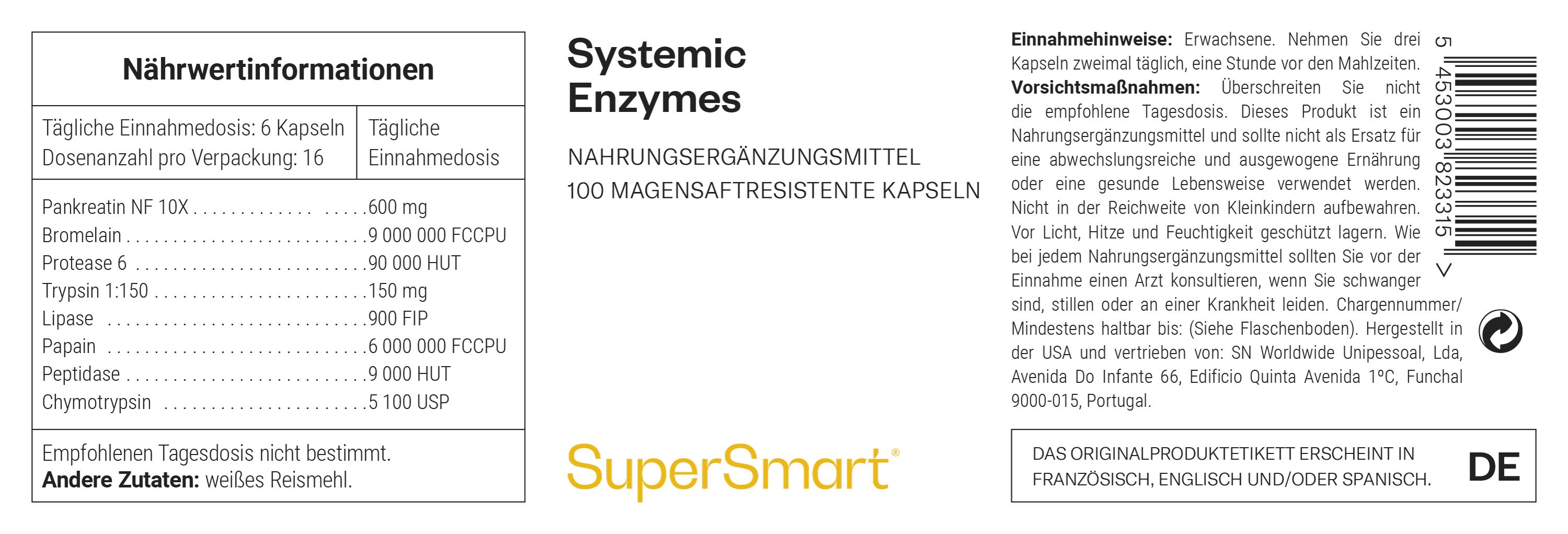 Etikett mit Produktinformationen. Enthält Inhaltsstoffe, Dosierung und Hersteller. Marke: SuperSmart.