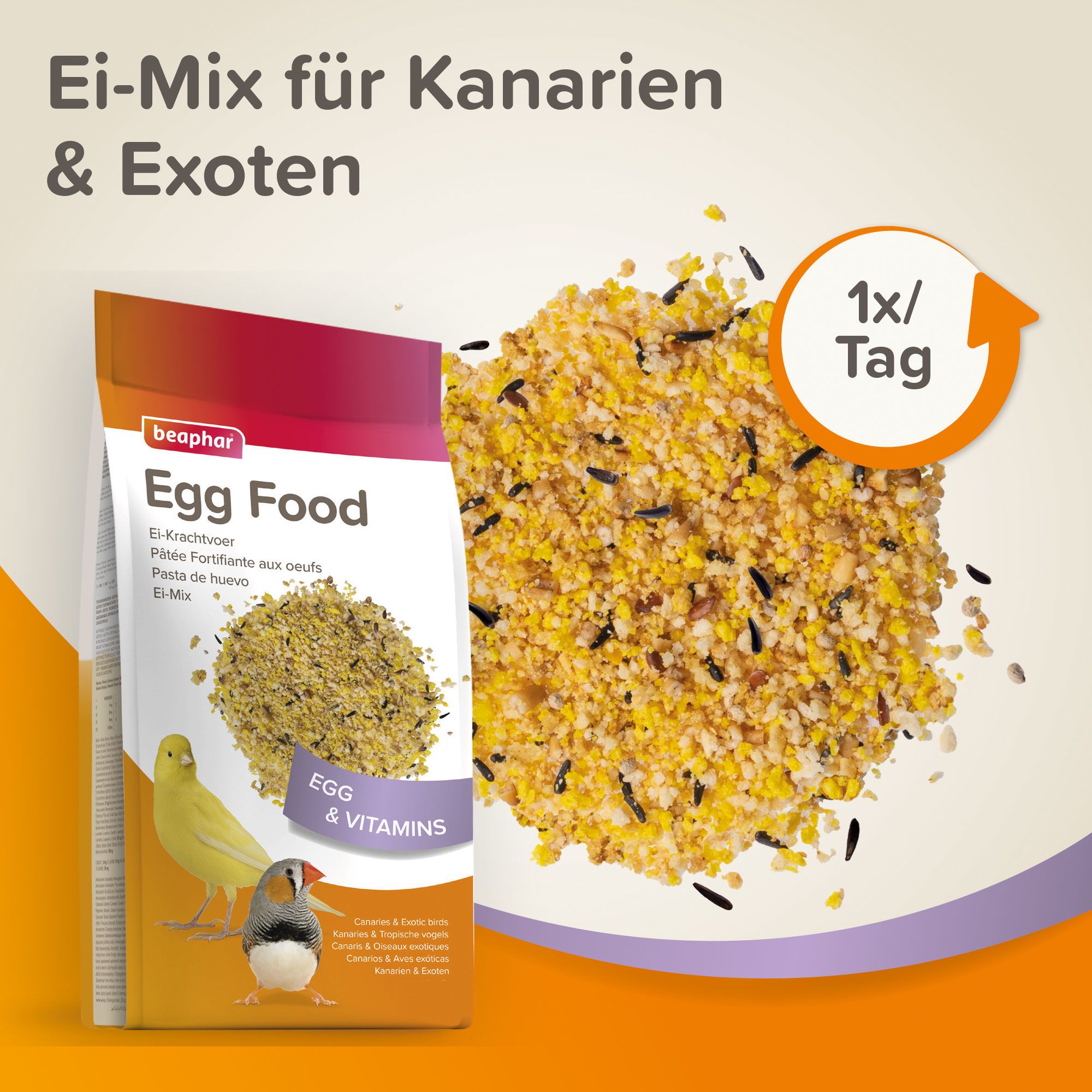 Beaphar Ei-Mix Packung und Futter. Text: Ei-Mix für Kanarien & Exoten, Egg Food, 1x/Tag. Gelbes und schwarzes Vogelfutter.