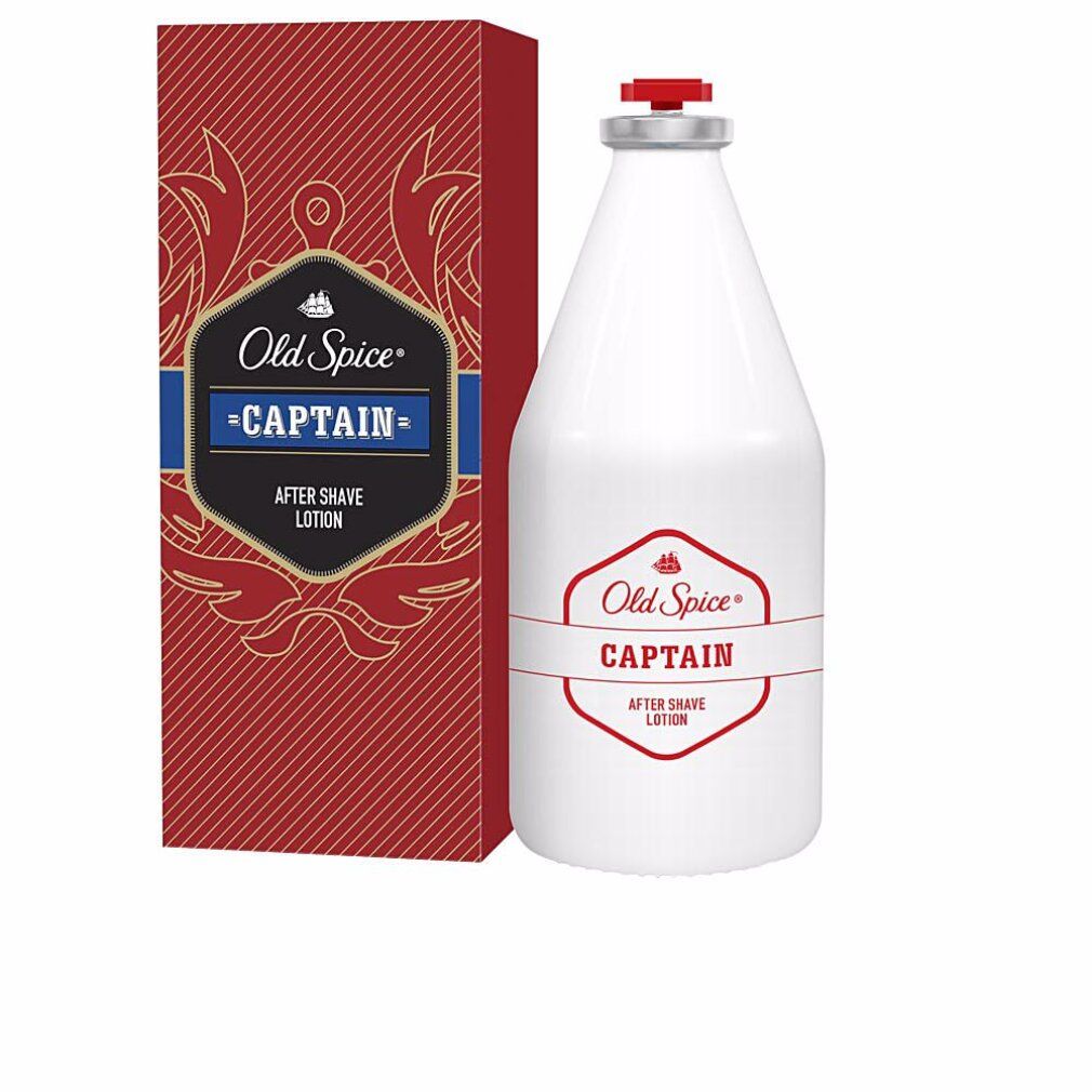 Weiße Flasche und rote Verpackung. Aufschrift: Old Spice Captain After Shave Lotion.