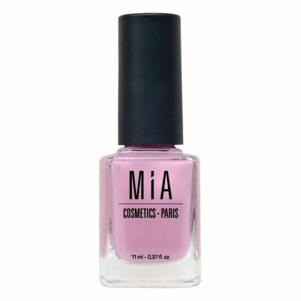 Nagellackflasche mit rosa Inhalt und schwarzem Deckel. Aufschrift: MIA COSMETICS - PARIS. Volumen: 11 ml - 0.37 fl. oz.