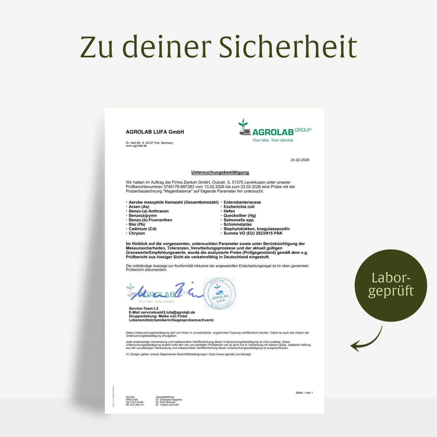Laborbericht mit "Labor-geprüft" Siegel für "Enzym Betain HCI Komplex".