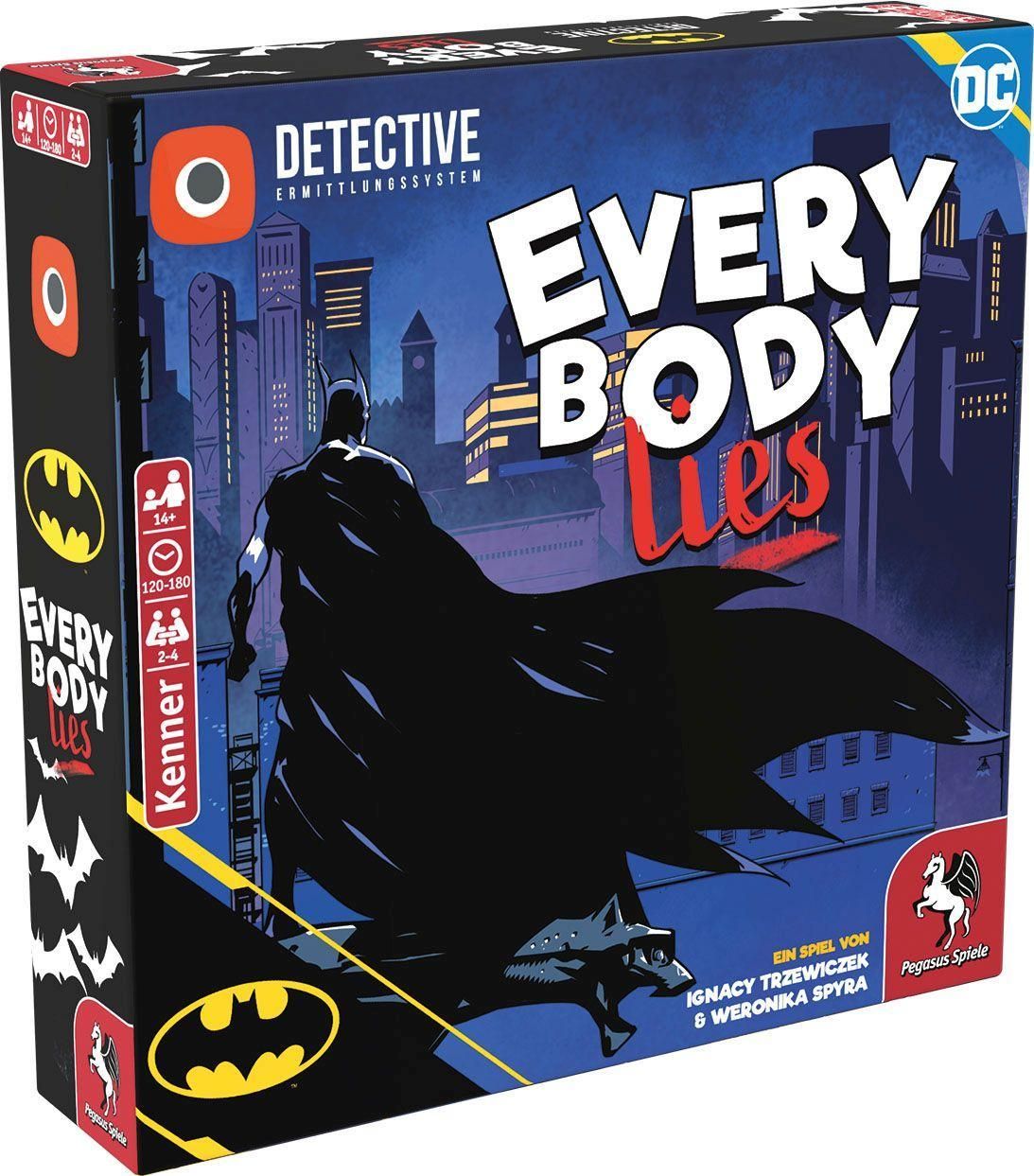Spielbox Batman - Everybody Lies. Batman-Illustration, Titel in Großbuchstaben. Logo DC, Pegasus Spiele. Kenner-Logo.
