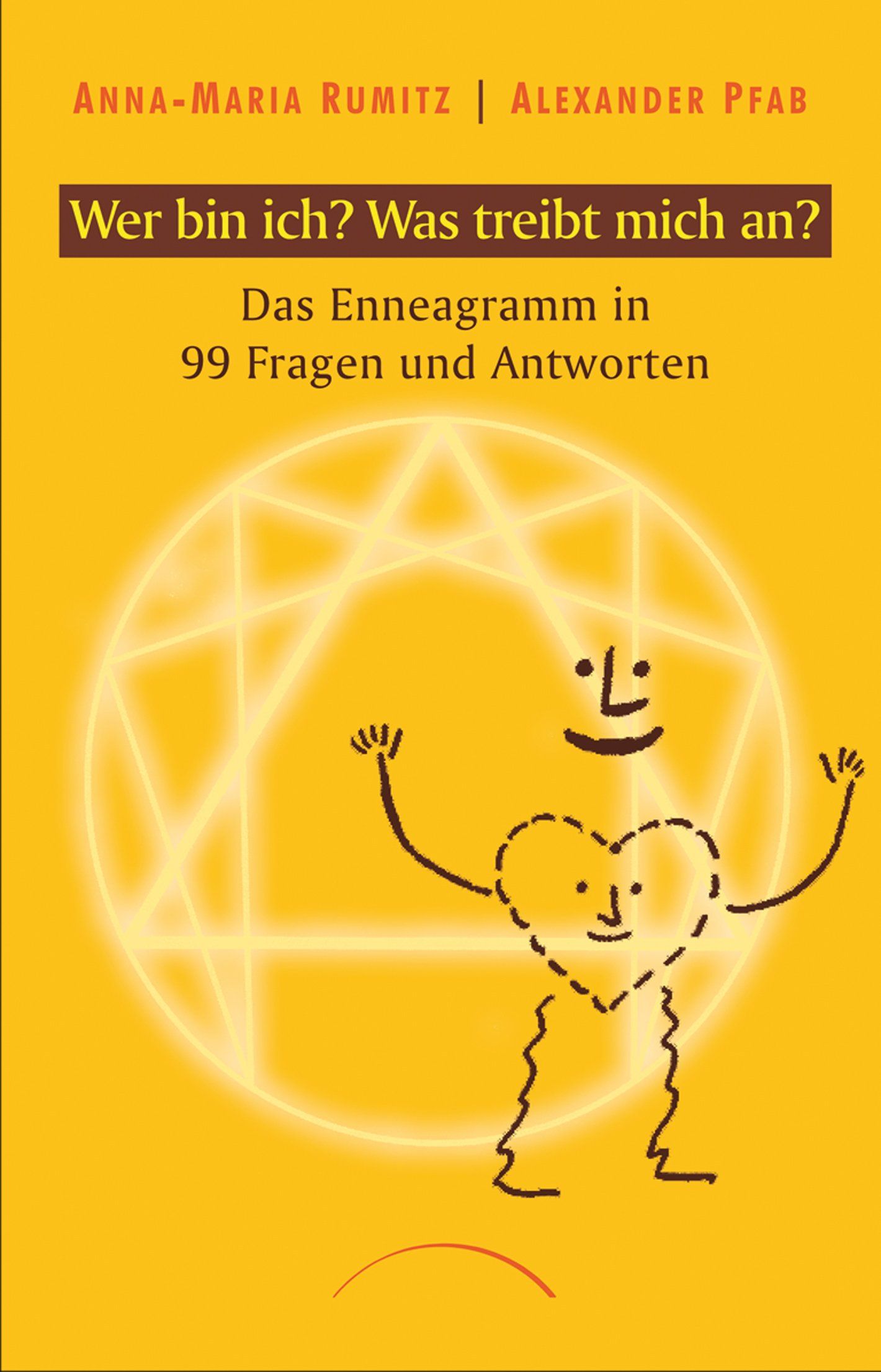 Buchcover: Titel „Wer bin ich? Was treibt mich an?“. Gelber Hintergrund, Illustration einer Figur mit Herz.