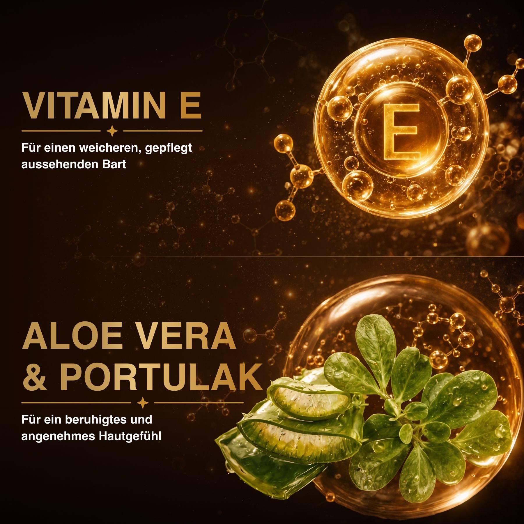 Grafik mit Vitamin E in einer Blase, umgeben von Molekülstrukturen.
