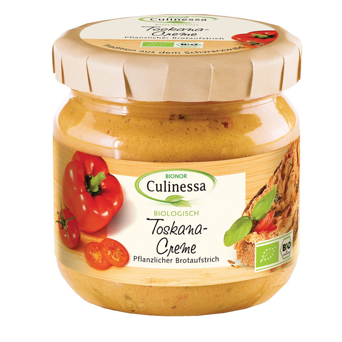 Glas mit Toskana-Creme. Auf dem Etikett steht "Culinessa". Abgebildet sind Tomaten und Paprika. Deckel aus Papier.