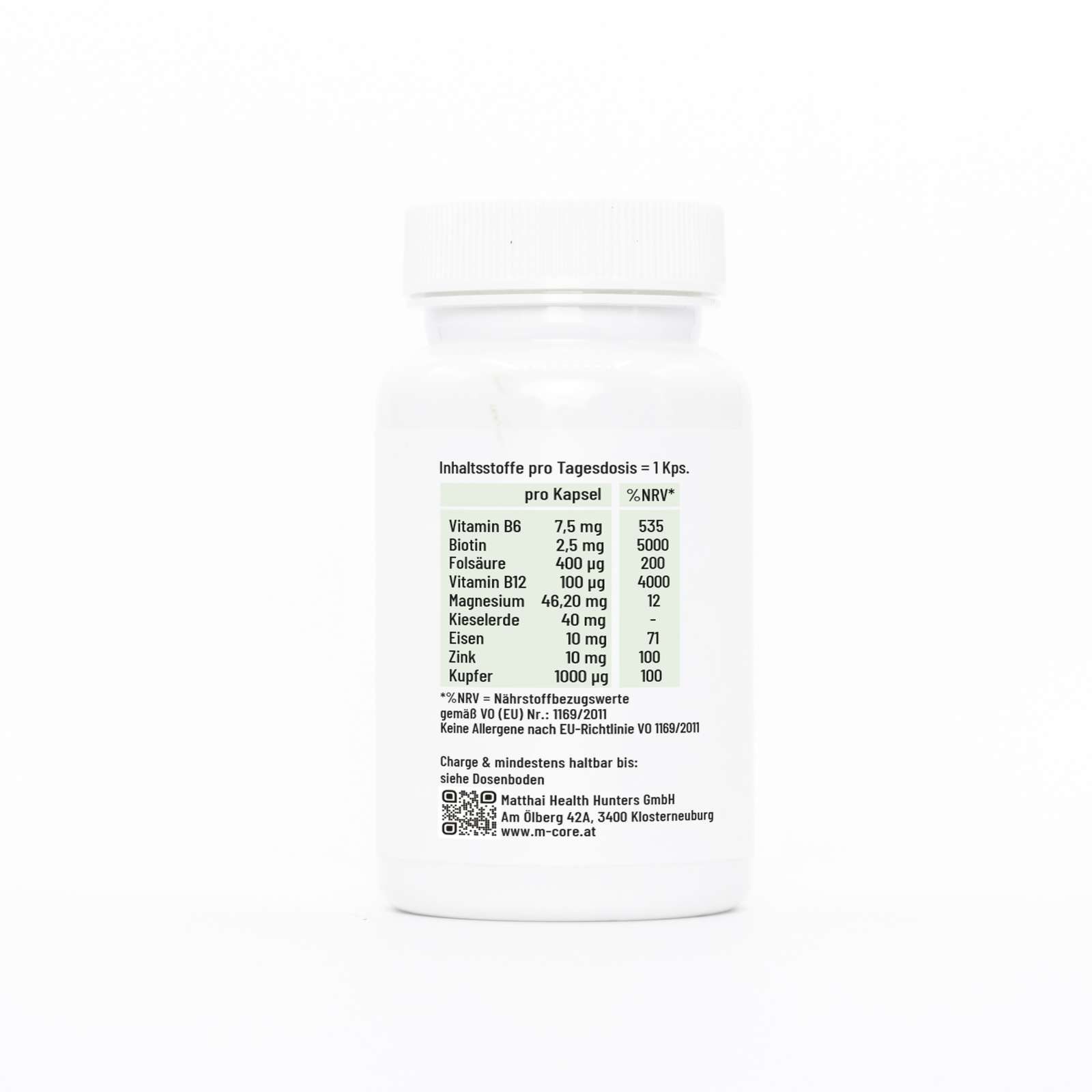 Rückseite der weißen Flasche. Tabelle mit Inhaltsstoffen pro Kapsel, %NRV. Enthält Vitamin B6, Biotin, Folsäure, Vitamin B12.