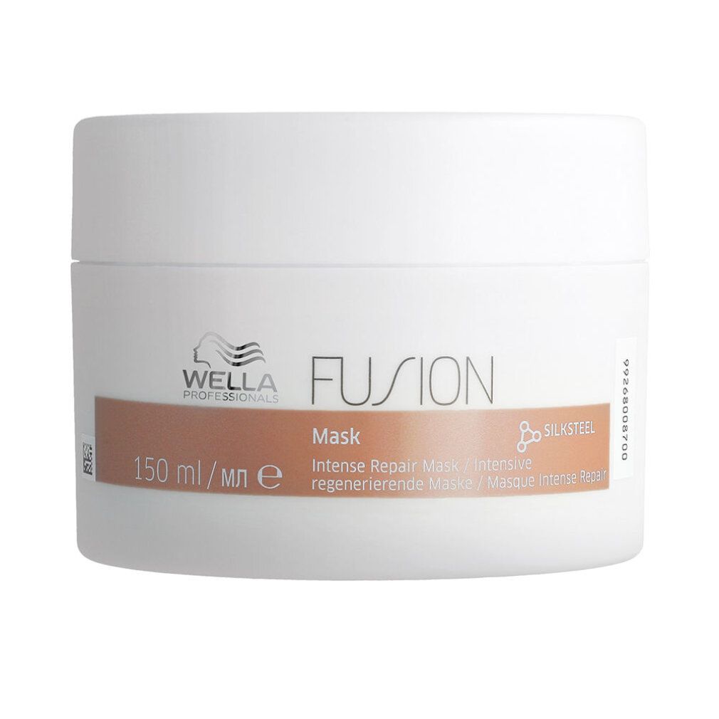Weißer Tiegel mit braunem Streifen. Aufschrift: Wella Fusion Mask. 150ml/4.5FL.OZ. Silksteel Logo.