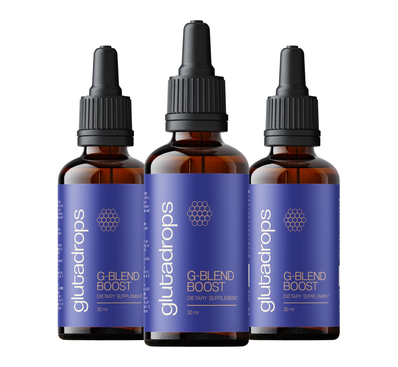 Drei braune Glasflaschen mit schwarzen Deckeln und blauen Etiketten. Aufschrift: Glutadrops, G-Blend Boost, 30 ml.