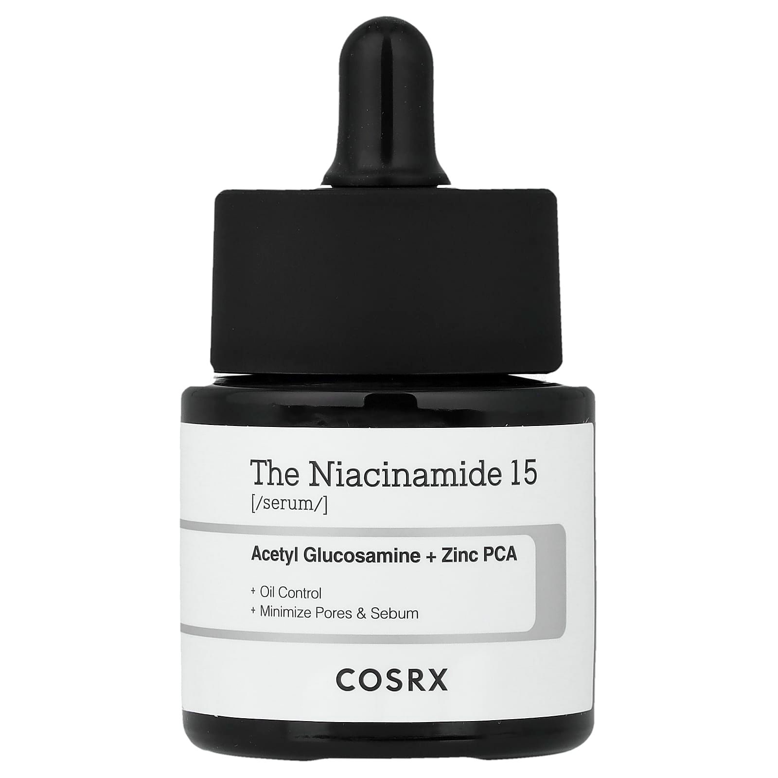 COSRX The Niacinamide 15 Serum Flasche mit Pipettenverschluss. Enthält Acetyl Glucosamin + Zink PCA.