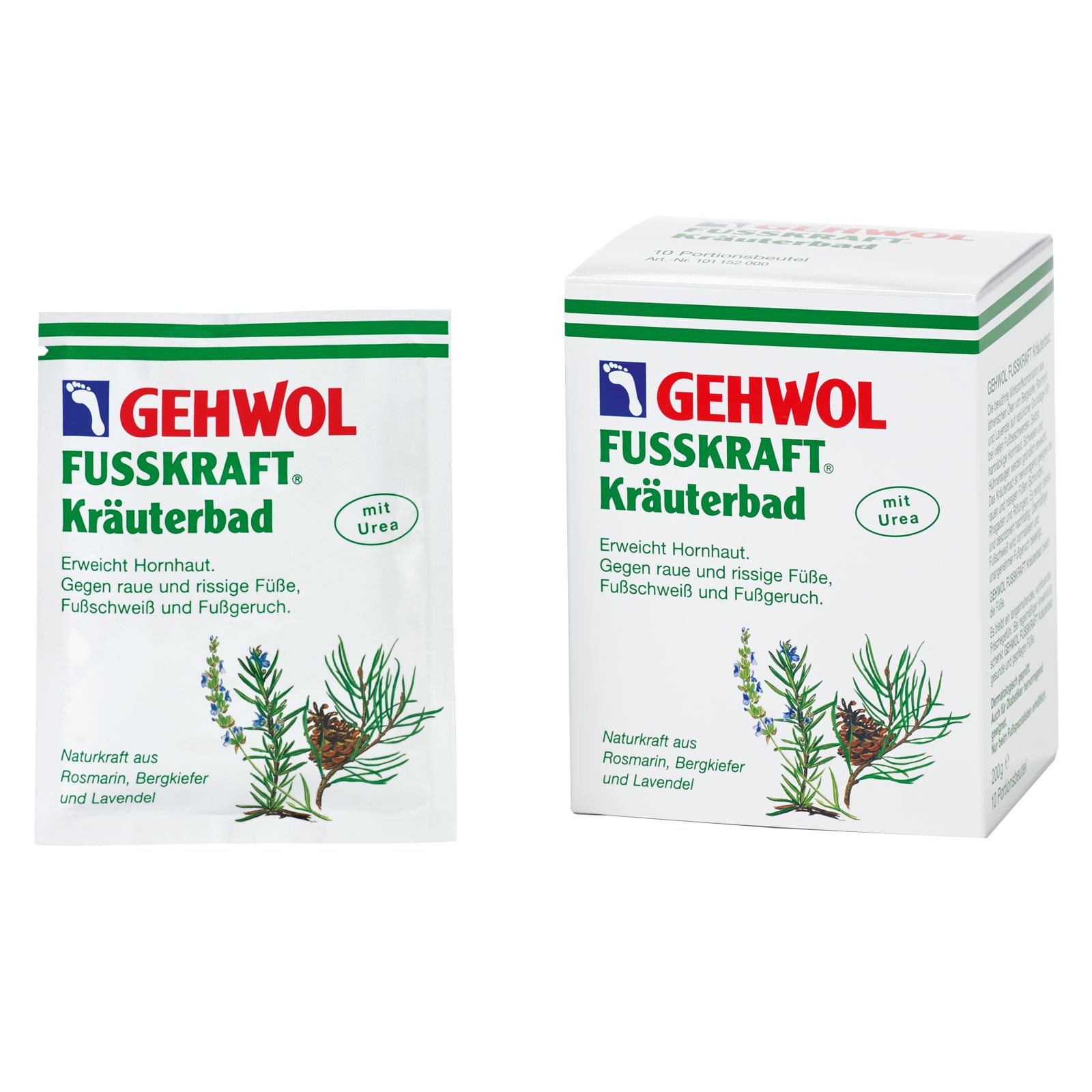 Zwei Packungen GEHWOL FUSSKRAFT Kräuterbad. Eine flache Tüte und eine Schachtel. Beide mit Logo, Produktname und Inhaltsangaben.