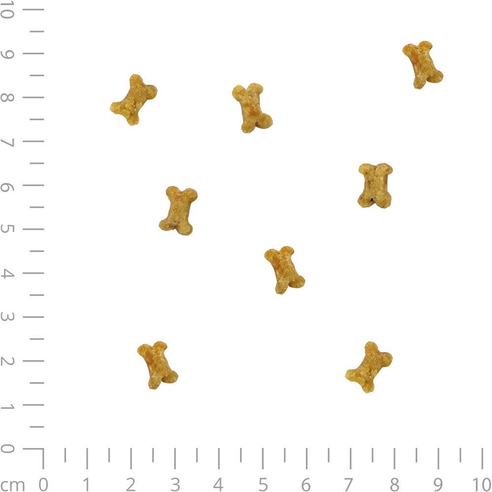Getreidefreie Hundesnacks in Knochenform, auf einer Skala angeordnet. Helle Farbe.