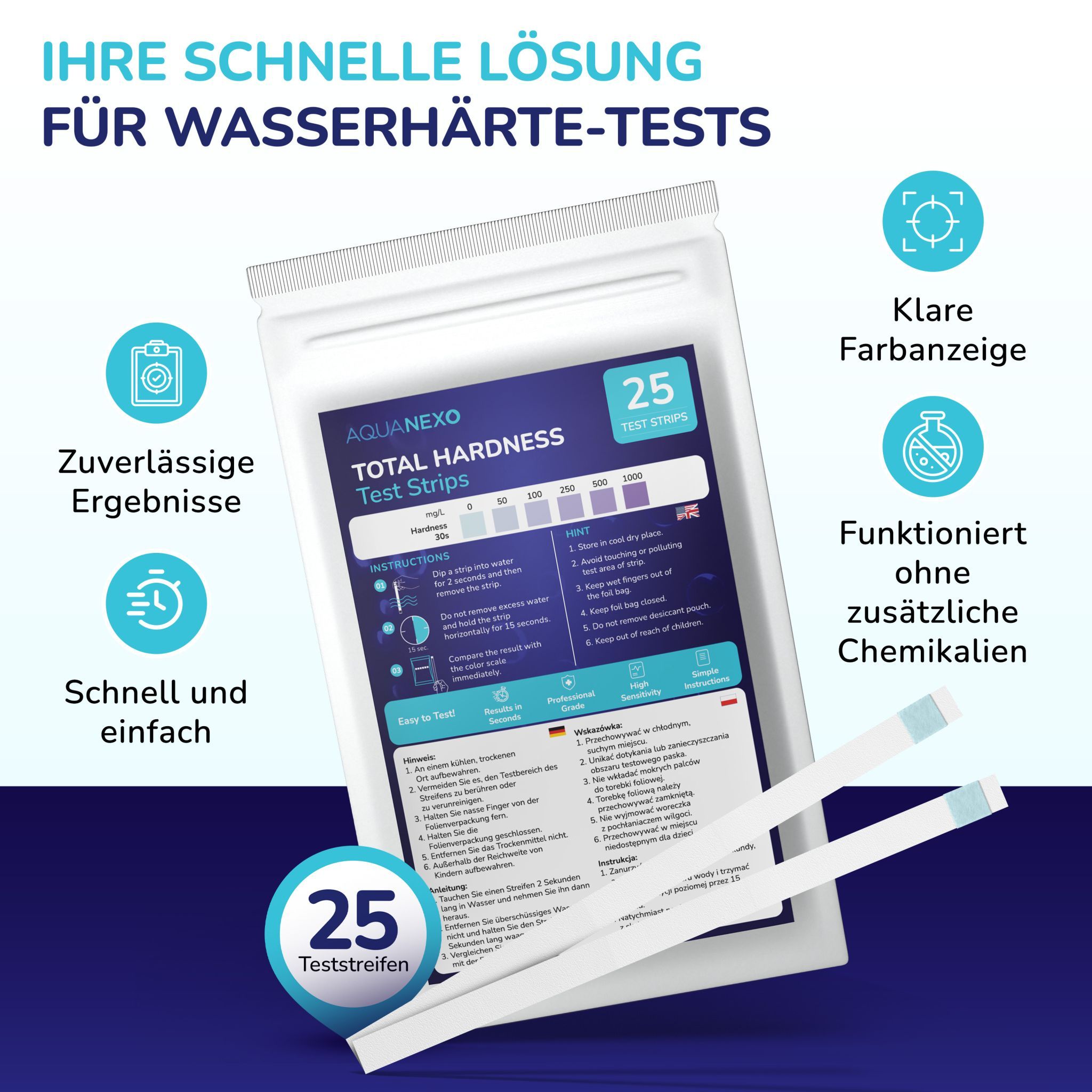Produktverpackung mit Teststreifen. Aufschrift: AQUANEXO TOTAL HARDNESS Test Strips. 25 Teststreifen. Icons mit Text: Ergebnisse, einfach, Farbanzeige, ohne Chemikalien.