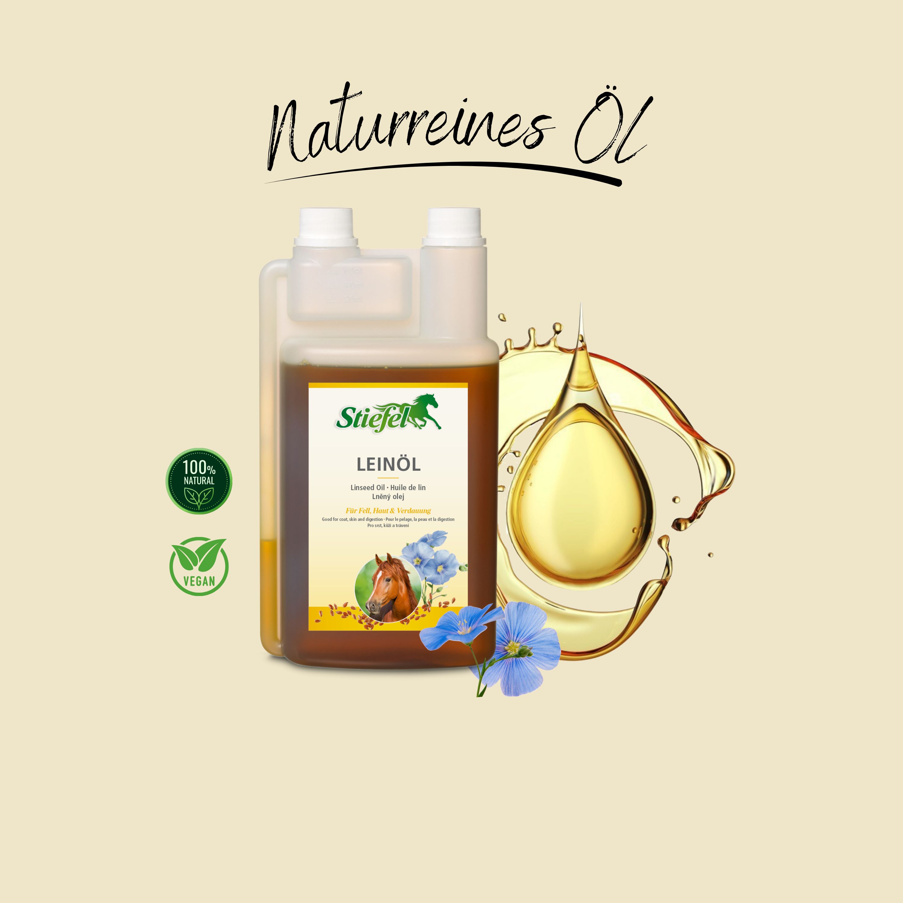 Leinöl-Flasche mit Etikett. Logo, Produktname und Illustrationen. Tropfen Öl und Blüten.