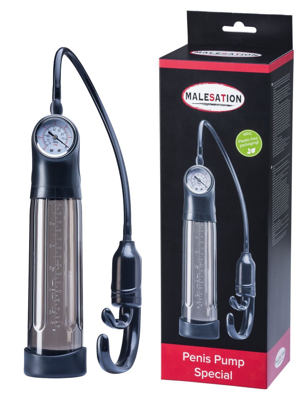 Penis Pumpe Special in Verpackung. Enthält Pumpe mit Manometer, Skala und Zubehör.