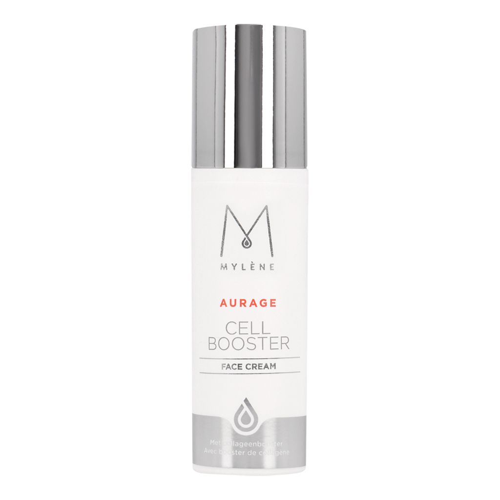 Produktflasche MYLÈNE Aurage Cell Booster. Silberne Kappe, weißer Behälter. Schriftzug Aurage Cell Booster.