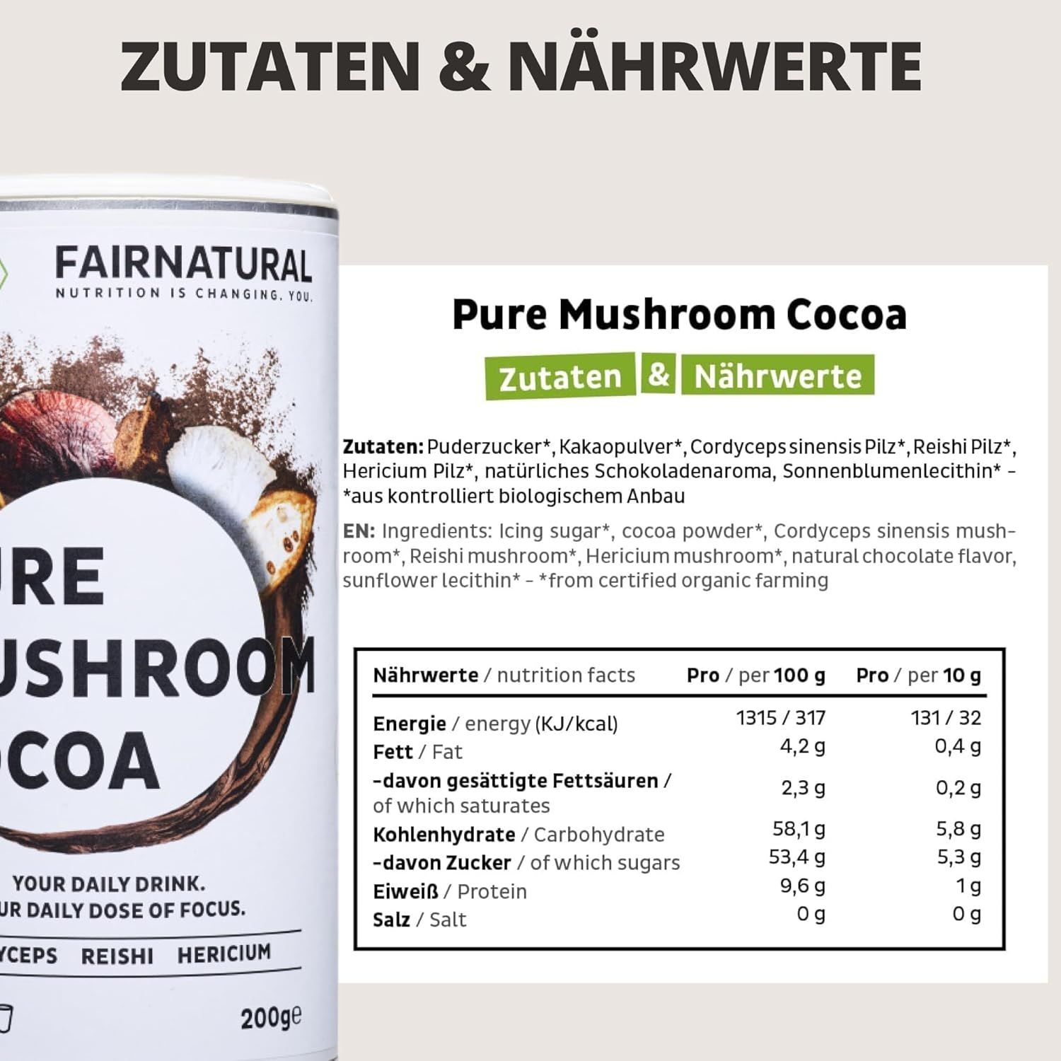 FAIRNATURAL Focus Mushroom Kakaopulver Vegan