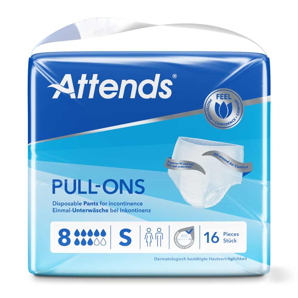 Attends Pull-Ons, Größe S, 16 Stück. Verpackung mit blauer Vorderseite, Produktabbildung. Text: 'Disposable Pants for incontinence'.