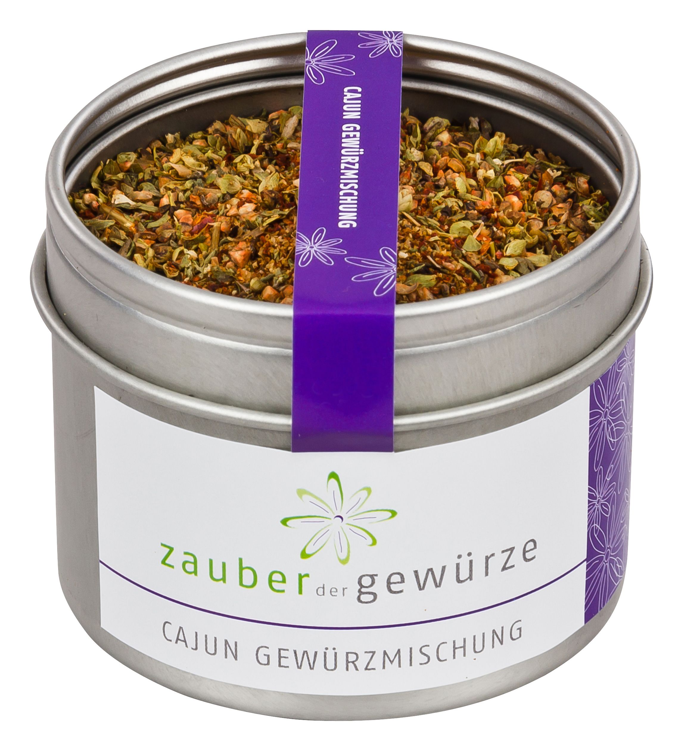 Runde Dose mit Cajun Gewürzmischung. Lila Etikett mit Produktname. Weißes Etikett mit Logo und Produktname. Dose geöffnet.