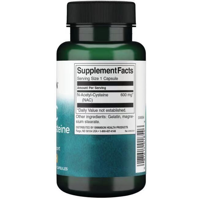 Rückseite einer grünen Flasche. Aufschrift: Supplement Facts, N-Acetyl Cystein (NAC) 600 mg, Inhaltsstoffe, Swanson Health Products.