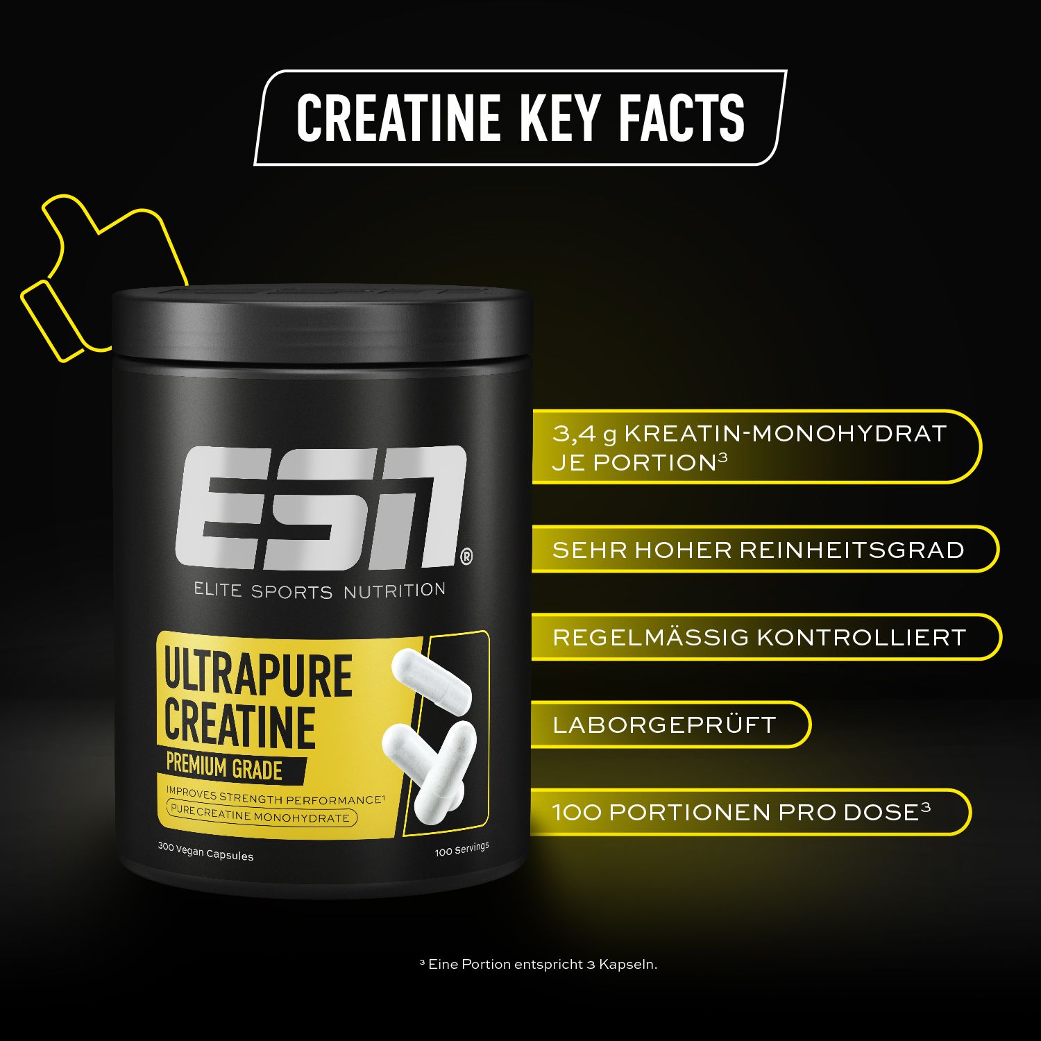 Schwarze Dose mit Kapseln und Text. Text: Creatine Key Facts, 3,4 g Kreatin-Monohydrat je Portion, 100 Portionen pro Dose.