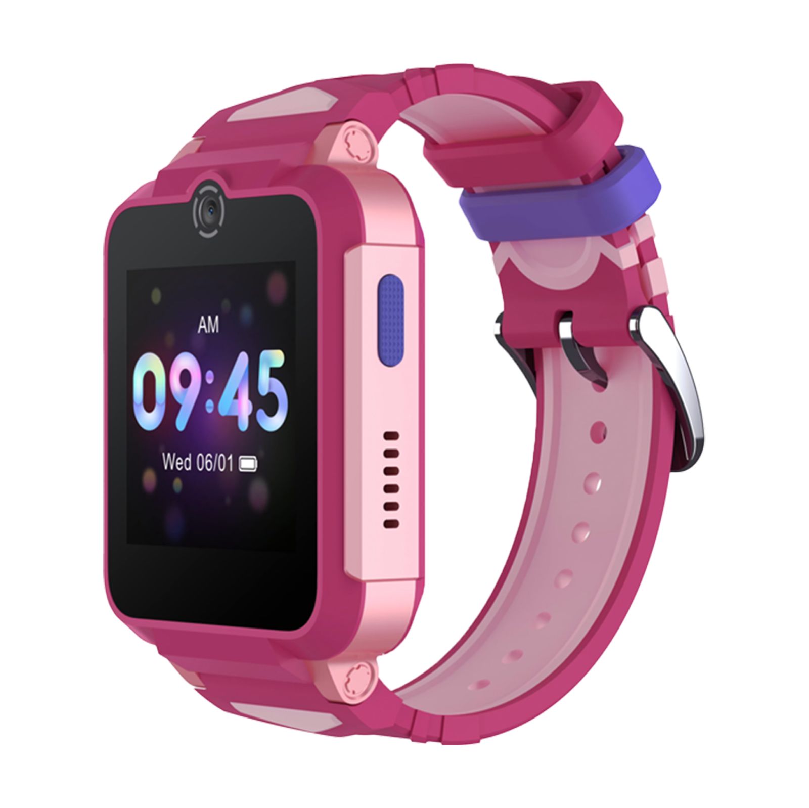 Pinkfarbene Smartwatch. Uhrzeit: 09:45. Datum: 06/01. Kamera oben. Lila Taste.