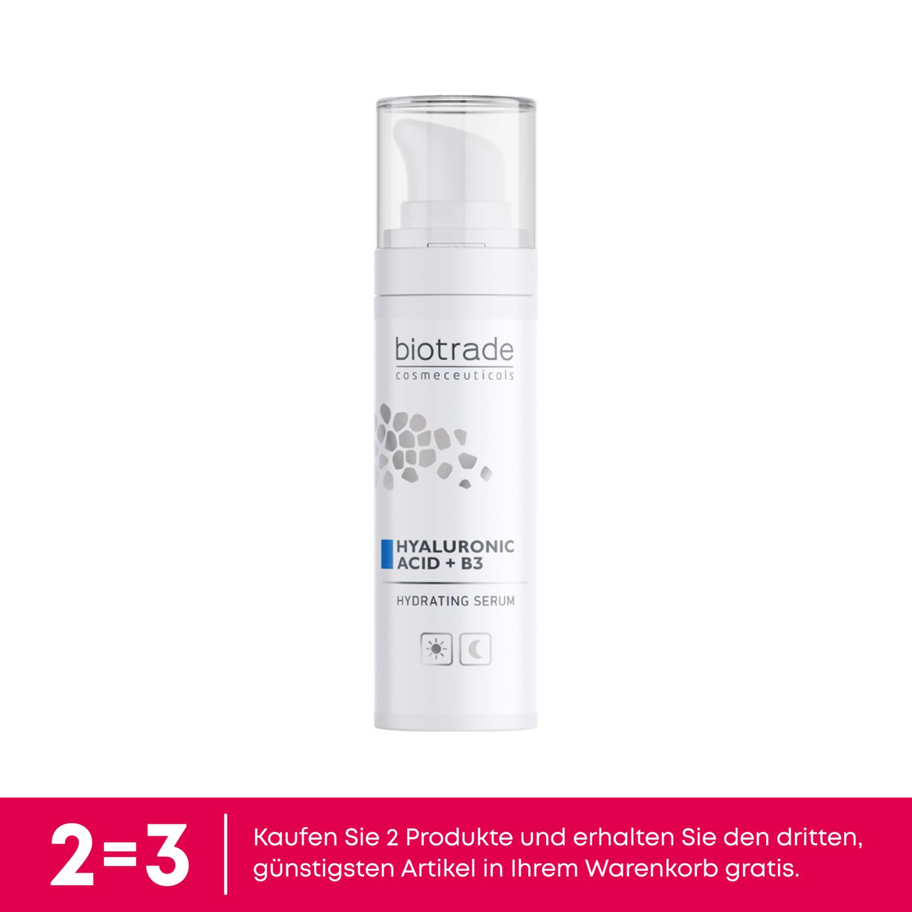 Weißes Serum mit Pumpe. Text: Hyaluronsäure + B3, Hydrating Serum. Angebot: Kaufe 2, erhalte 1 gratis.