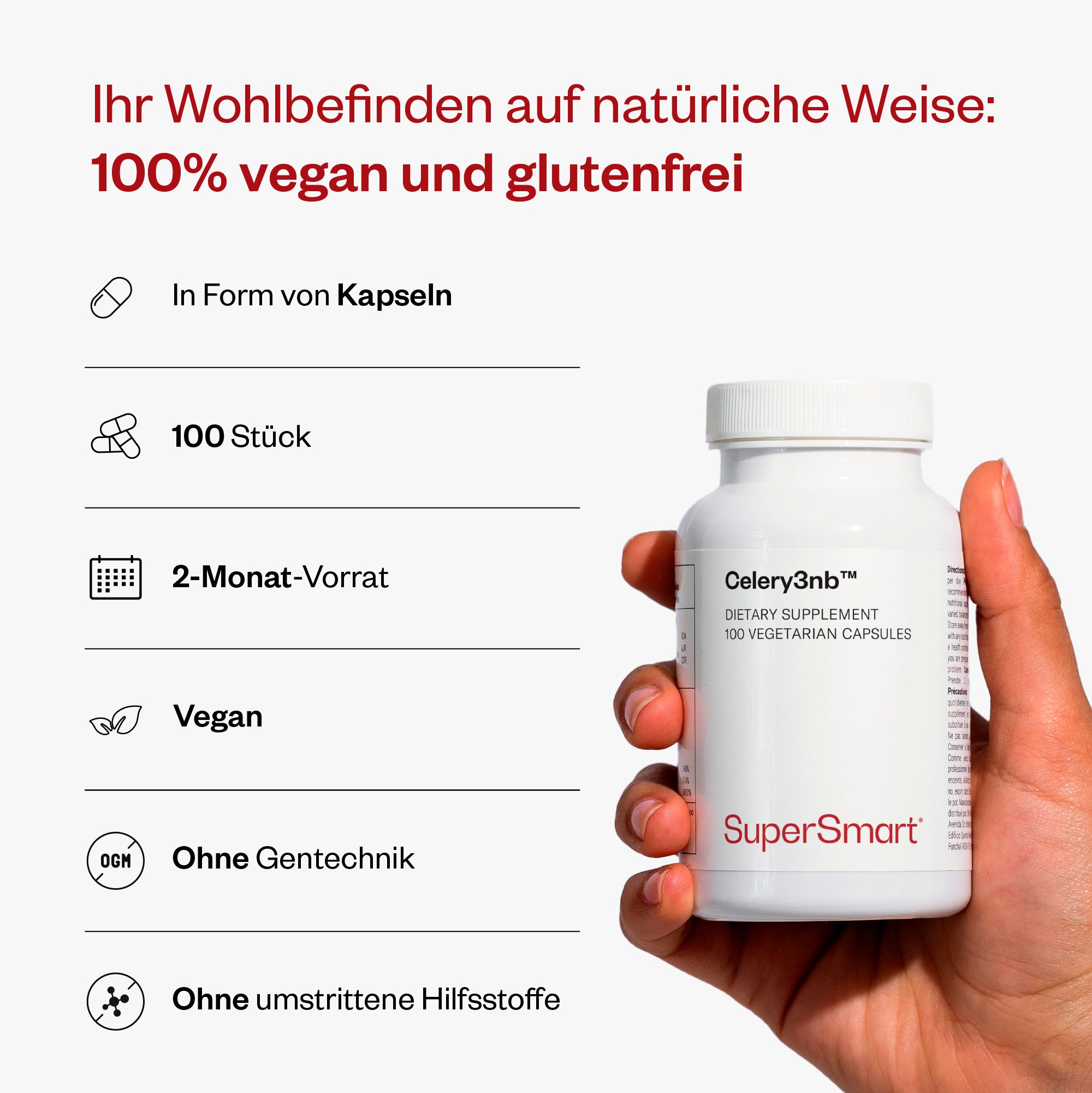 Person hält eine weiße Flasche Celery3nb™ von SuperSmart. 100 vegetarische Kapseln. Text: 100% vegan und glutenfrei, 100 Stück, 2-Monats-Vorrat.