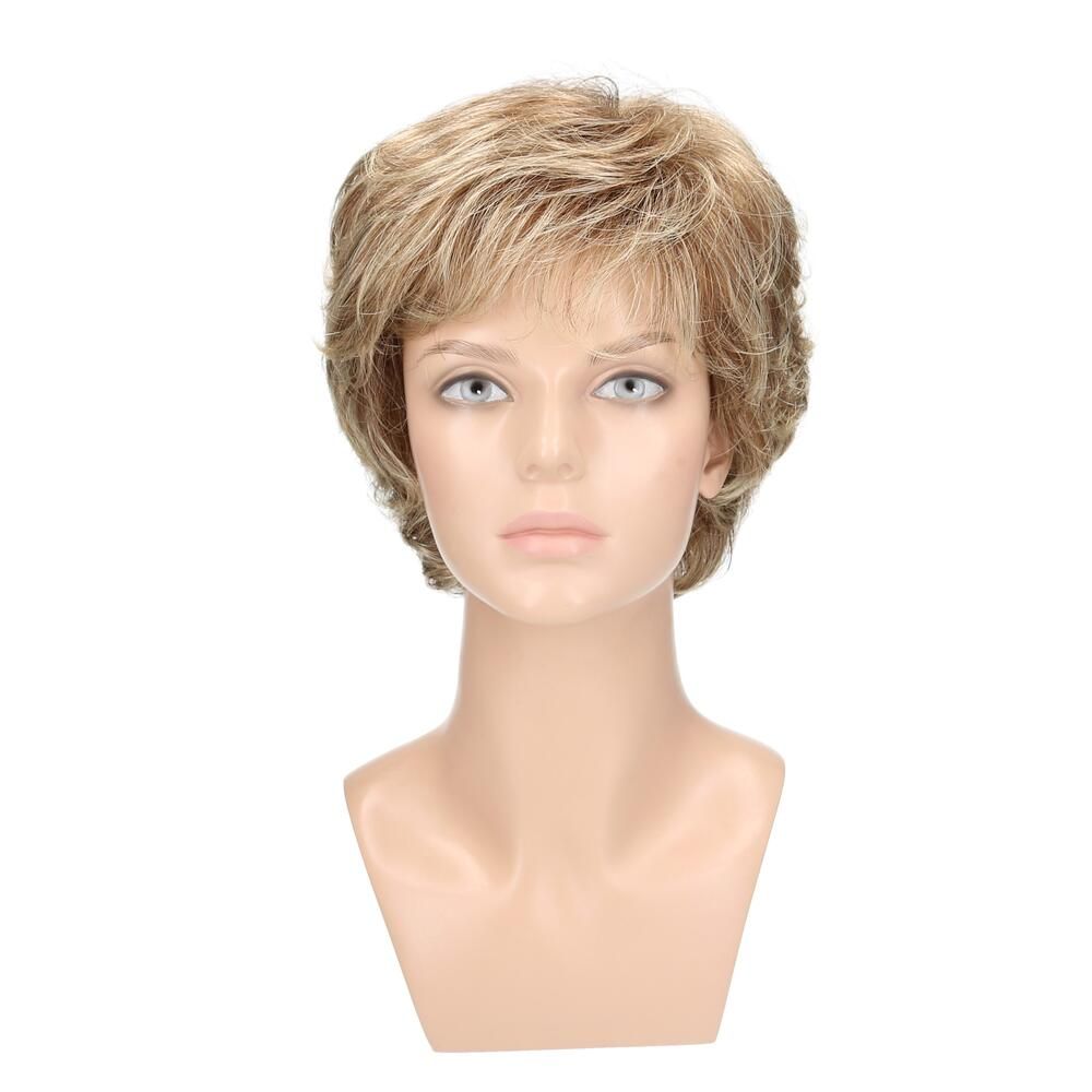 Perücke Iris von Lofty, blond-meliert, auf einer Büste. Frontansicht.