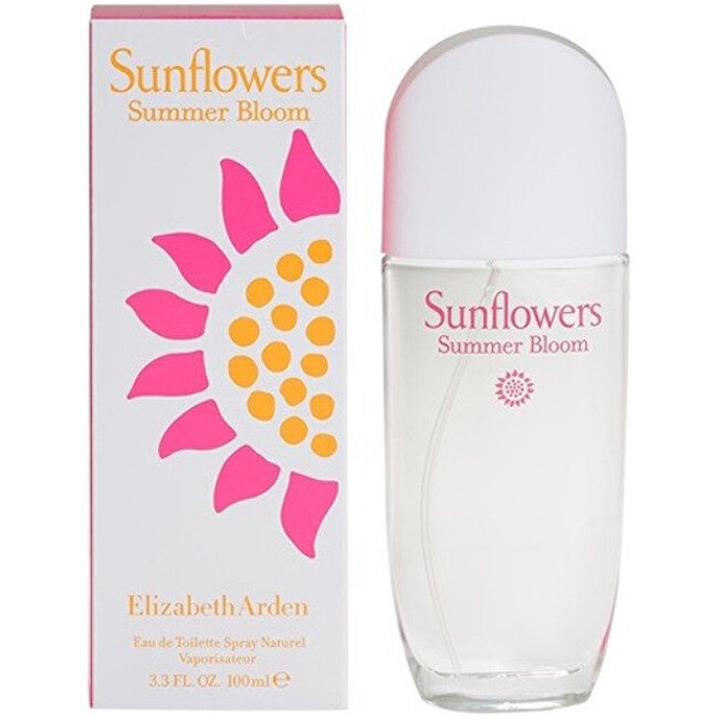 Parfümflasche und Verpackung. Flasche mit weißem Deckel. Aufschrift: Sunflowers Summer Bloom. Verpackung mit Sonnenblumen-Grafik.