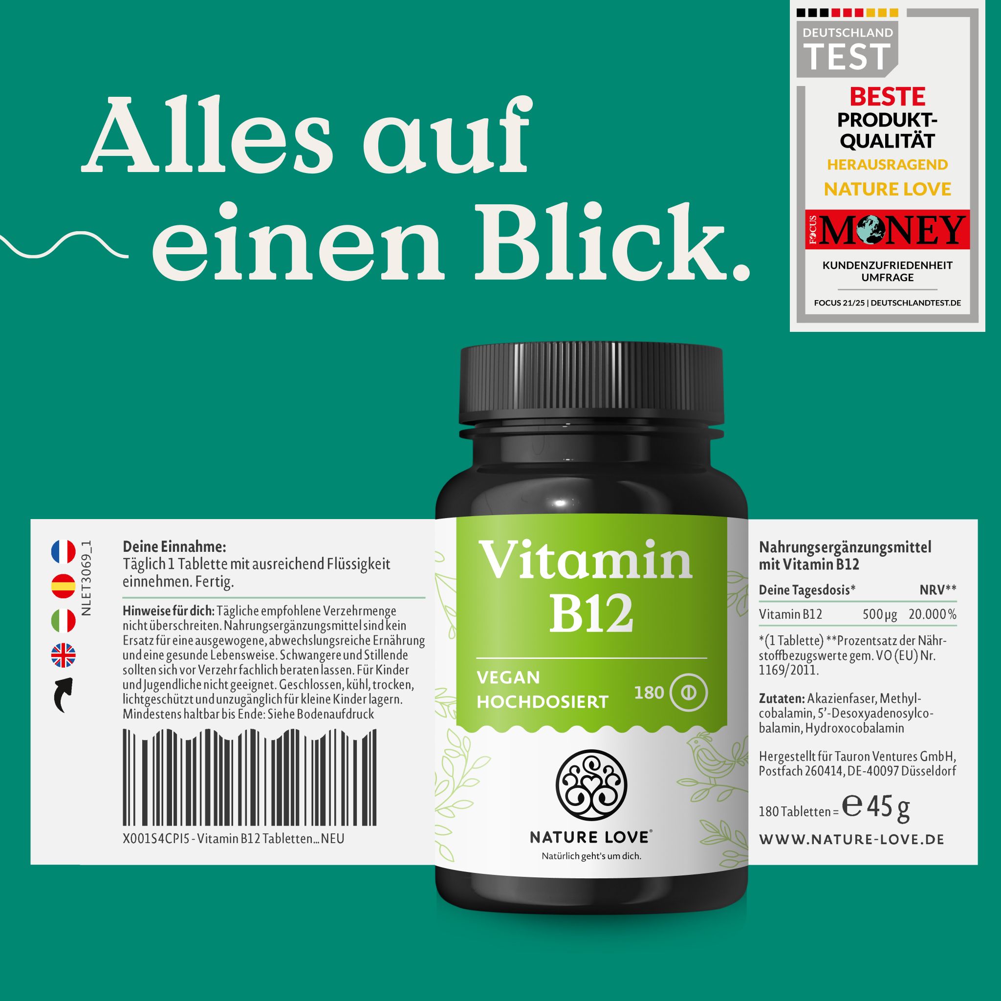 NATURE LOVE Vitamin B12: 180 Tabletten, 45g. Täglich 1 Tablette. 500 µg Vitamin B12 je Tagesdosis.