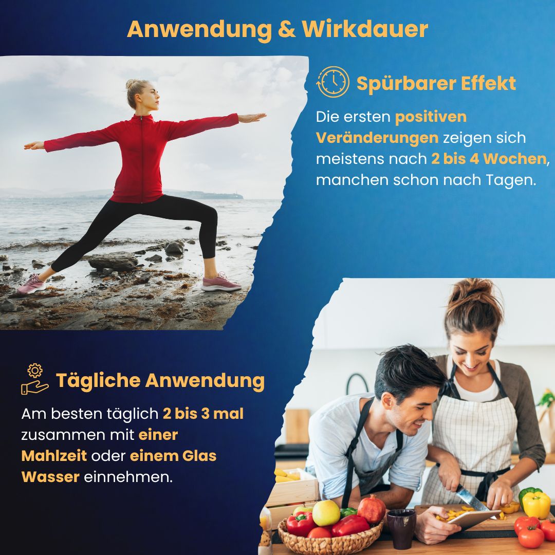 Anwendung & Wirkdauer. Frau macht Yoga. Mann und Frau kochen. Text: Tägliche Anwendung, spürbarer Effekt.