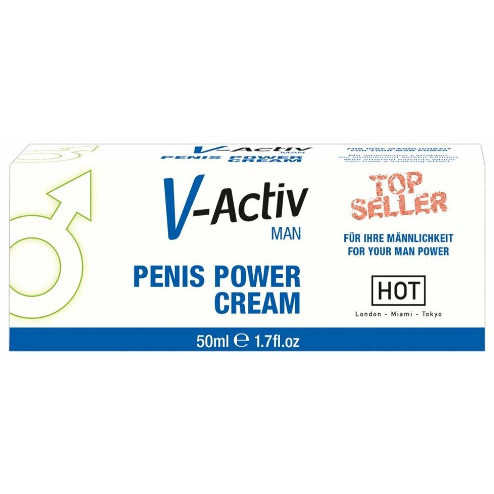 Schachtel. Aufschrift: V-Activ, Penis Power Cream. Logo: Männliches Symbol. Marke: HOT. Volumen: 50ml.
