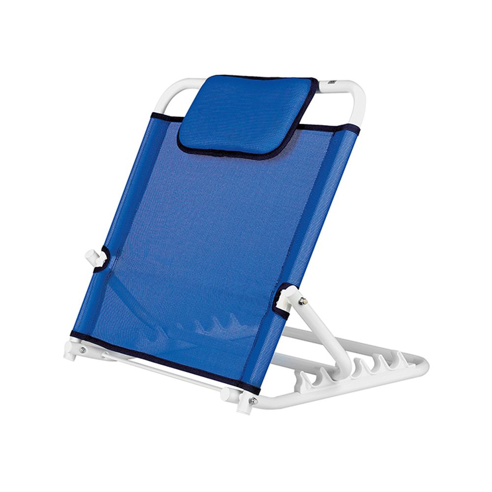 Rückenstütze, blaues Netzgewebe, weißer Rahmen, Kopfstütze. Winkelverstellbar.