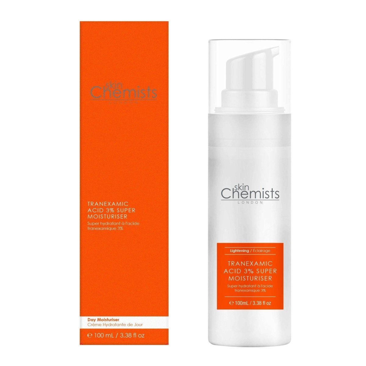SkinChemists Tiegel und Flasche mit Tranexamsäure 3% Super Feuchtigkeitscreme.