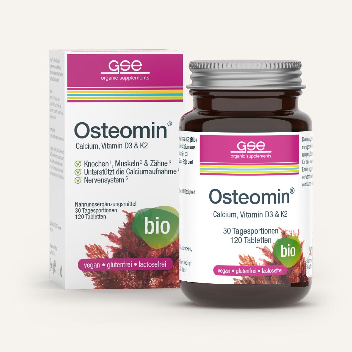Produktverpackung und Flasche mit Produktetikett. Aufschrift: Osteomin, Calcium, Vitamin D3 & K2. 120 Tabletten, bio, vegan, glutenfrei, laktosefrei.