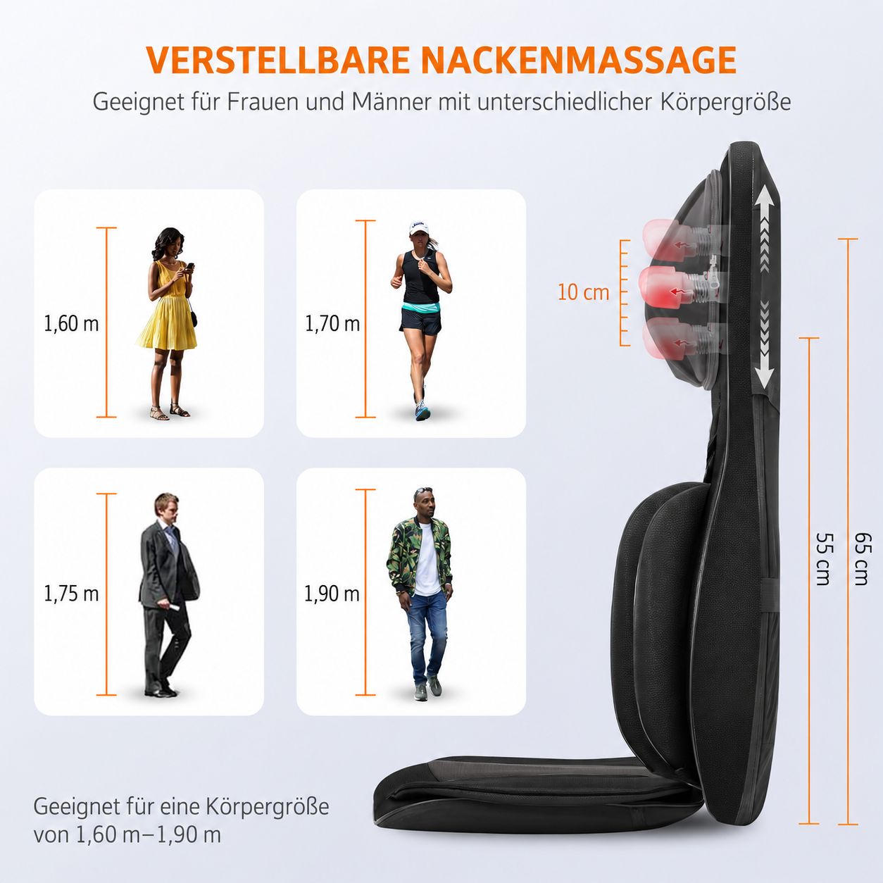 Verstellbare Nackenmassage für Körpergrößen von 1,60 m bis 1,90 m. Maße: 55 cm x 65 cm, Nackenbereich 10 cm.