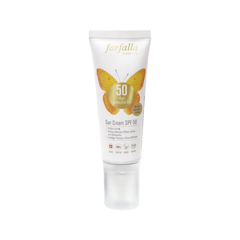 Weiße Tube mit Sonnencreme. Aufdruck: Farfalla, Schmetterling, SPF 50, Sun Cream. Mit Schweizer Kreuz und weiteren Symbolen.