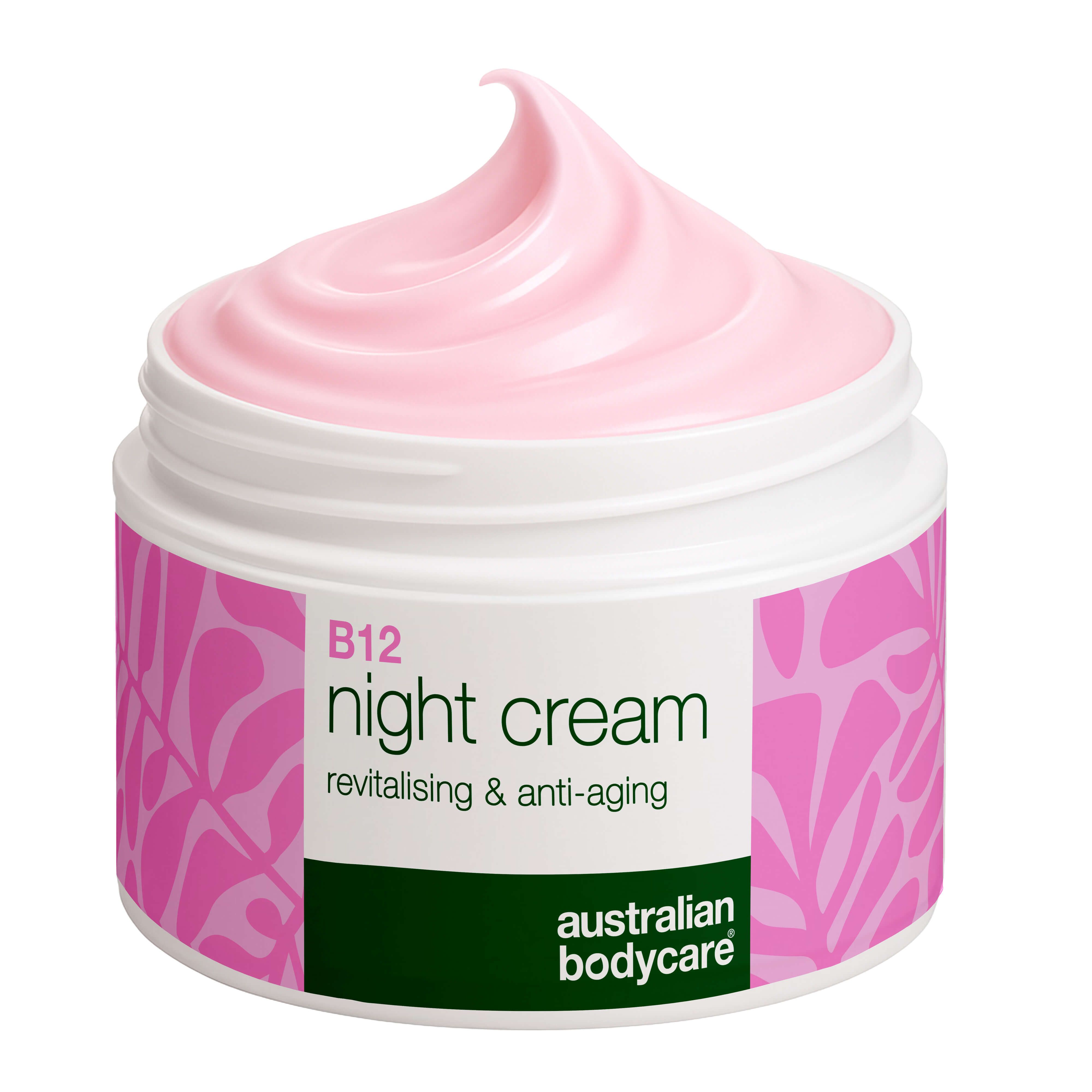 Creme in einem weißen Tiegel mit rosa Aufdruck. Aufschrift: B12 Night Cream. Marke: Australian Bodycare.