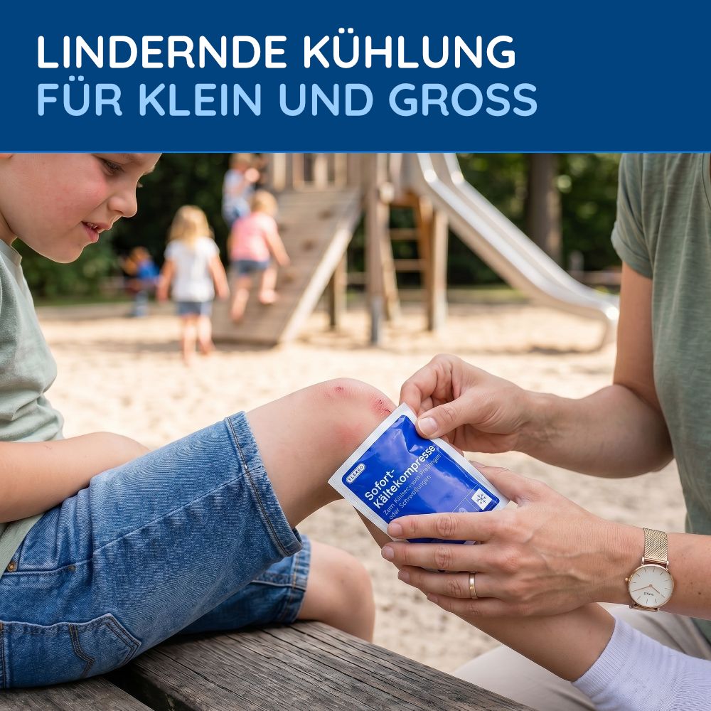 FLEXEO Sofort-Kältekompresse wird auf ein verletztes Knie bei einem Kind angewendet.