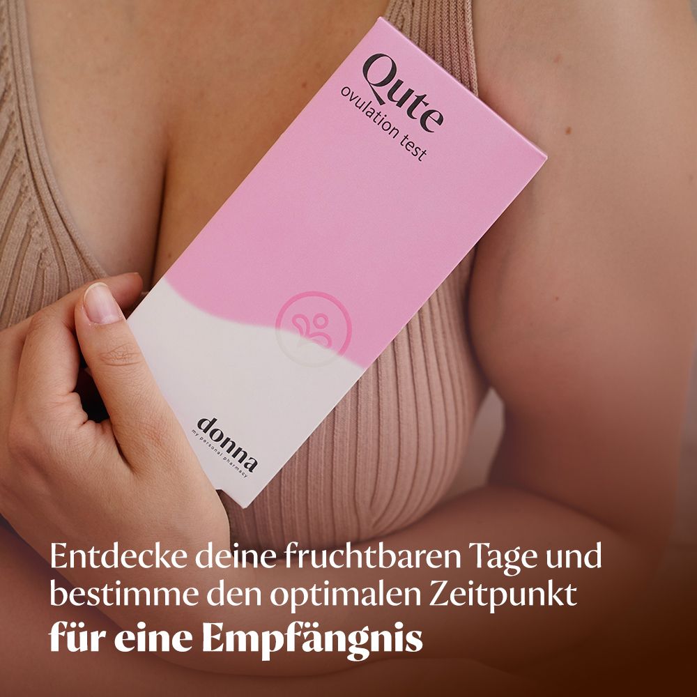 Rosa Schachtel mit "Qute ovulation test"-Aufdruck. Marke: donna. Text: Entdecke deine fruchtbaren Tage.
