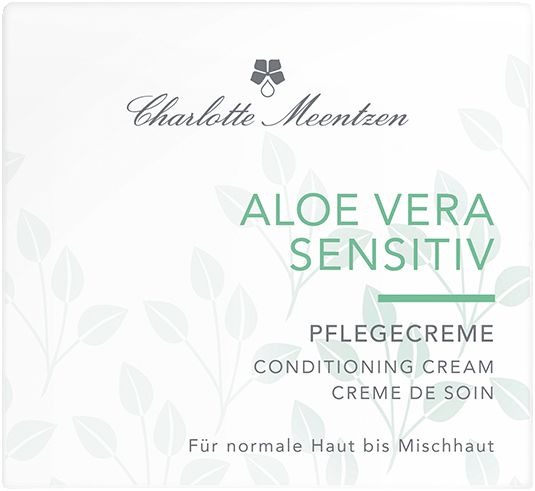 Produktverpackung mit Text: Charlotte Meentzen, Aloe Vera Sensitiv Pflegecreme. Grün-weiße Farbgebung, floralem Muster.