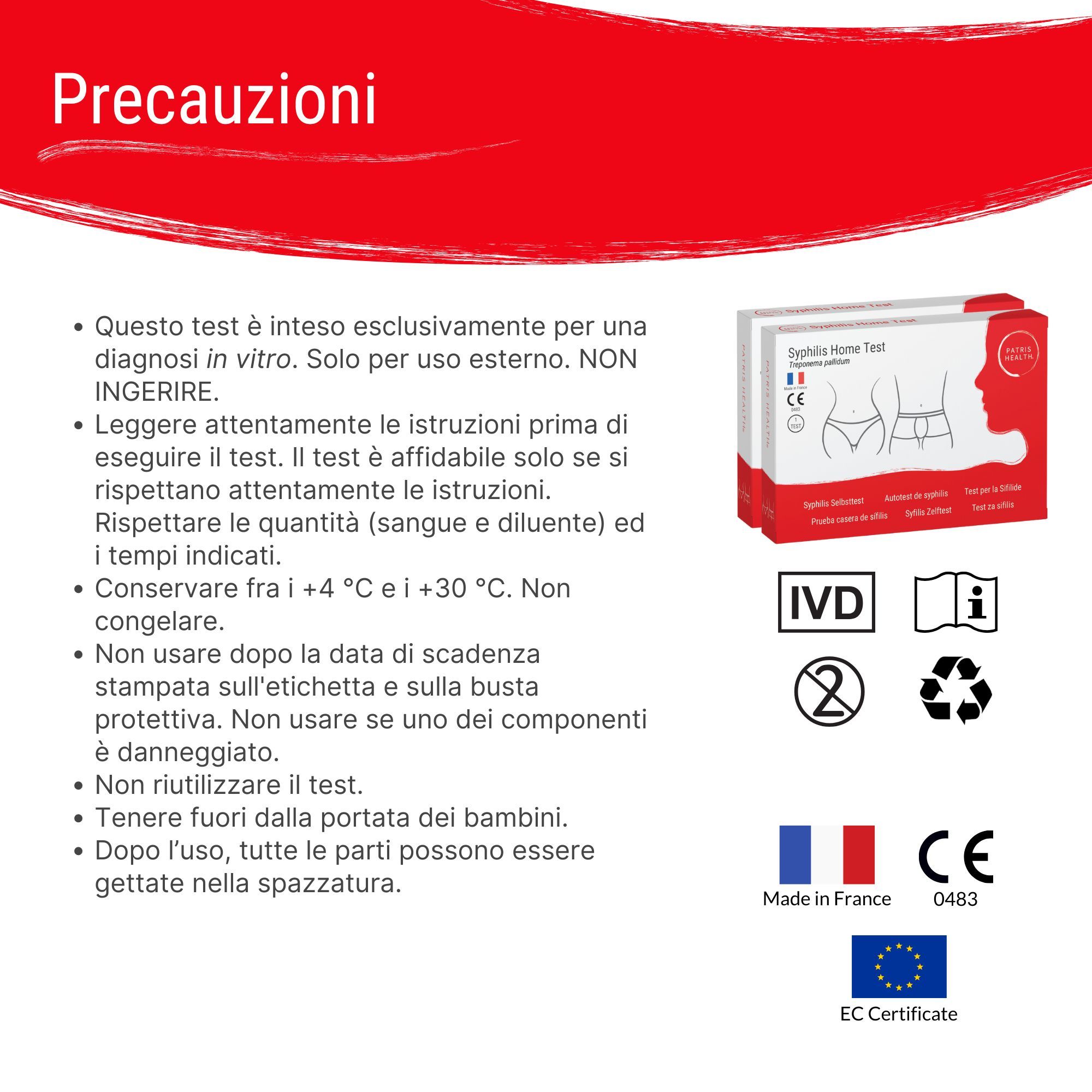 Precauzioni per il test. Testo su sfondo rosso. Loghi: Patris Health, Made in France, marchio CE.