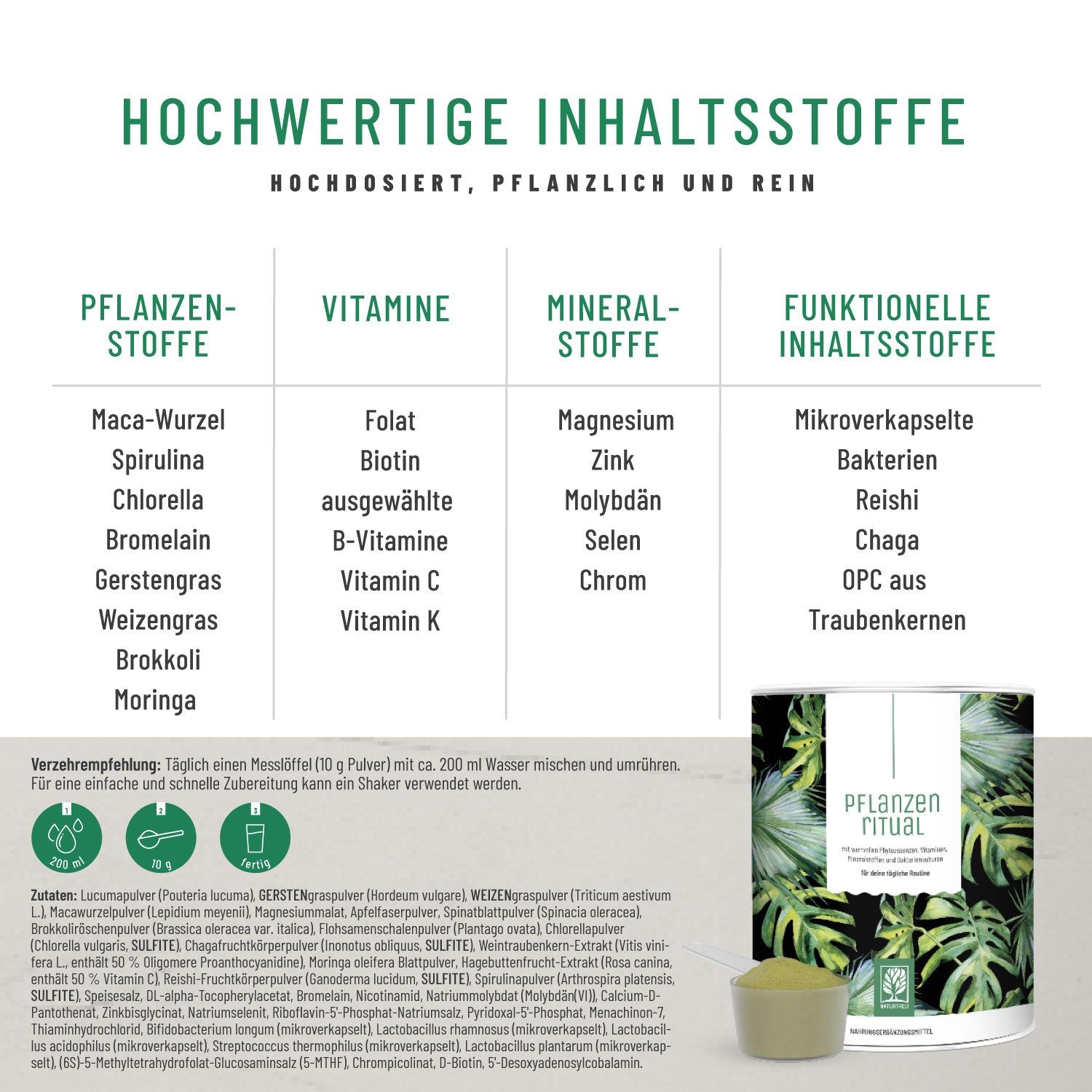 Tabelle mit Inhaltsstoffen: Pflanzenstoffe, Vitamine, Mineralstoffe, funktionelle Inhaltsstoffe. Produkt und Messlöffel.